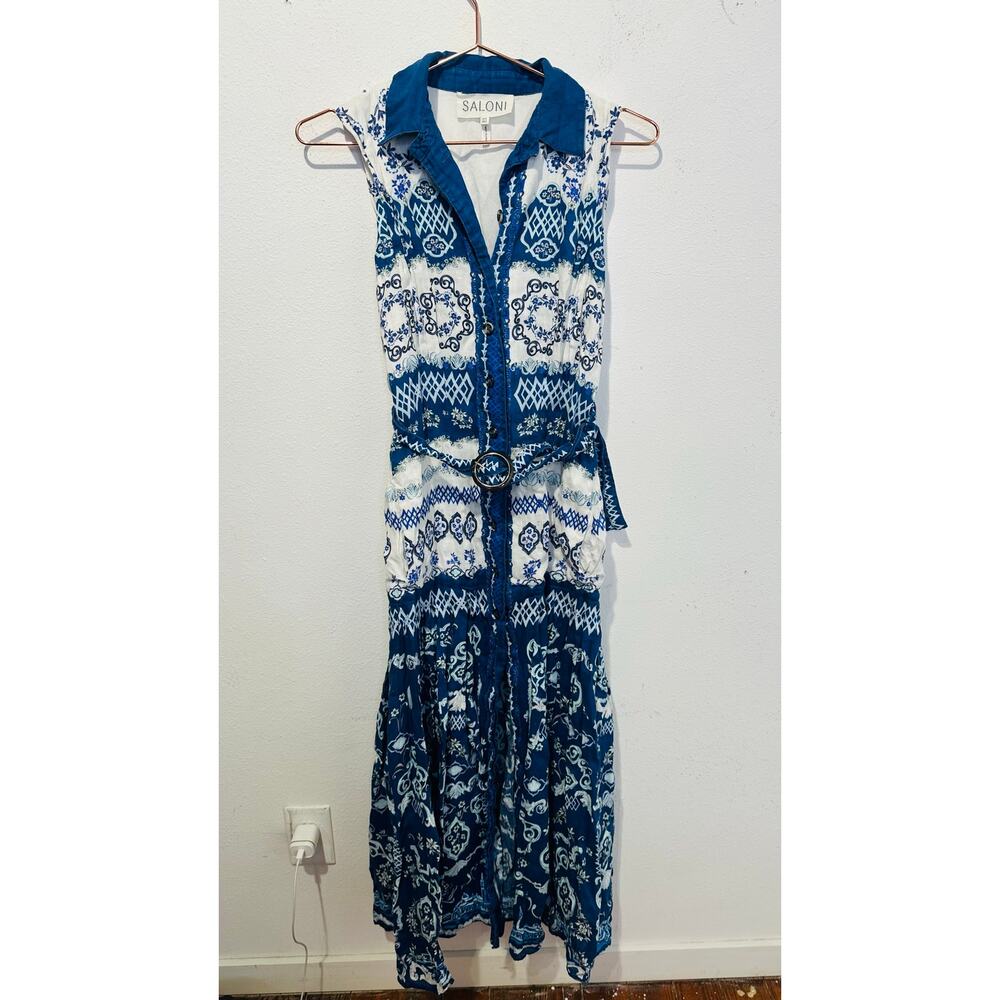 SALONI Blue White Abstract Design Nya Collared Sleeveless Button Up Dress US 2 - Picture 2 of 15